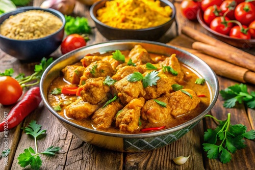 A large bowl of red curry is served on a wooden table with a variety of vegetabl photo