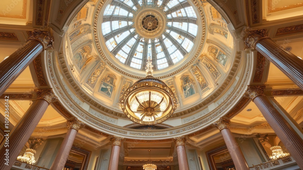 Obraz premium Majestic dome interior with geometric tile patterns, hanging chandeliers, detailed stone columns
