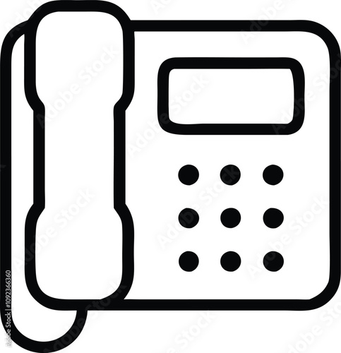 Landline Telephone Line Art Icon, Black and white line art illustration of a landline telephone with a keypad and handset, symbolizing communication, office tools, and traditional telephony.

