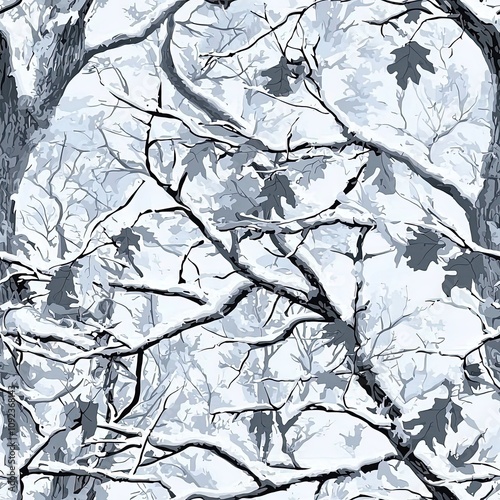 Snowy Frozen Snow Covered Oak Tree Oak Leaves Hunting Camouflage, Seamless Camo Pattern