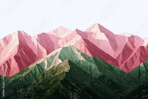 Minimalistic cubism style mountain landscape in pink and green hues photo