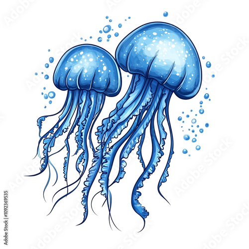 Mesmerizing Marine Duo: Two Elegant Blue Jellyfish photo