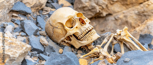 Mysterious crypt. human skeleton lies among rocks, showcasing intricate bone structure and natural decay. scene evokes sense of mystery and exploration in rugged environment