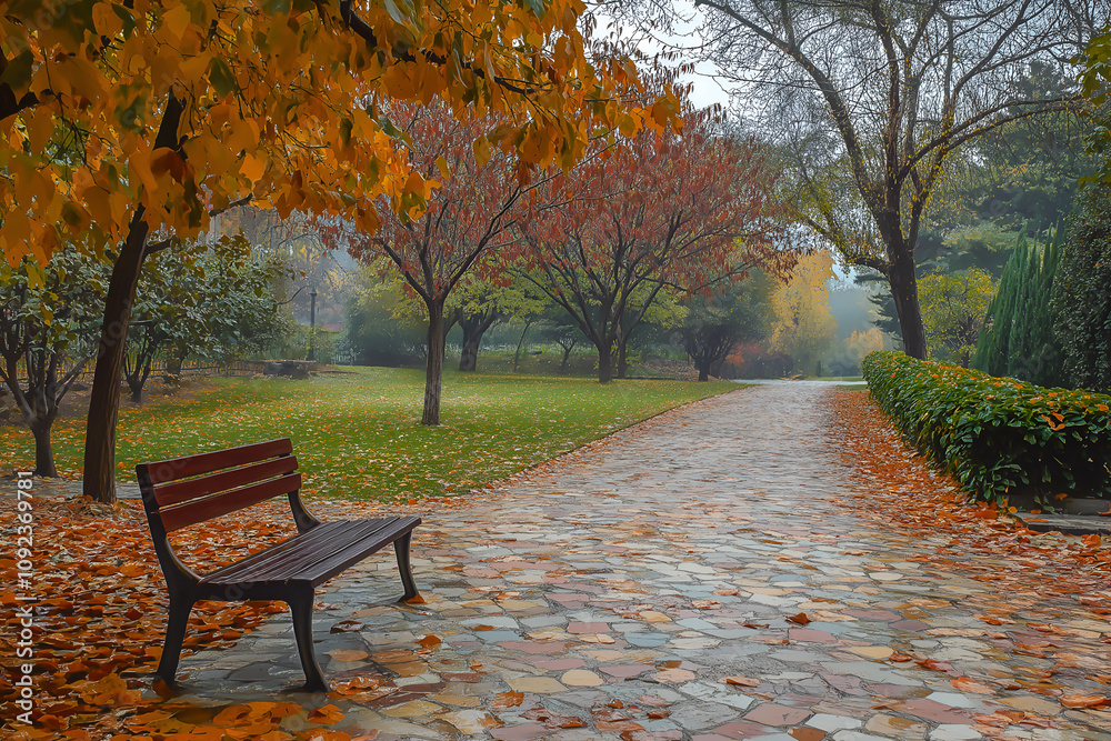 Fototapeta premium Autumn landscape with falling leaves foliage.
