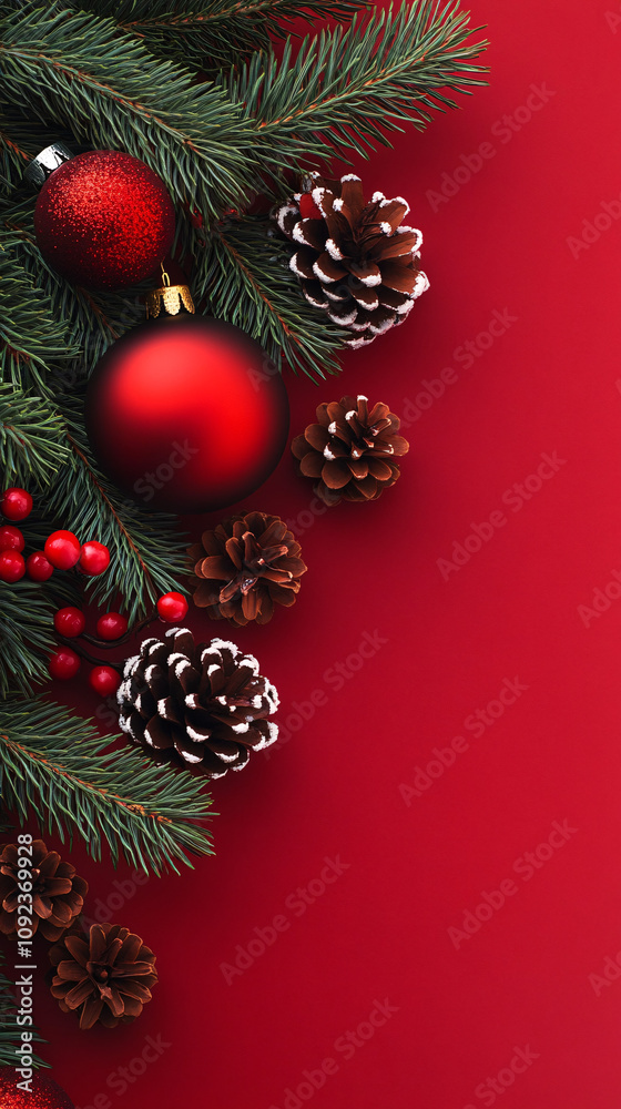 A festive Christmas scene featuring vibrant red ornaments on tree branches, ideal for holiday marketing, greeting cards, and seasonal decorations. A festive Christmas scene featuring vibrant red ornaments on tree branches, ideal for holiday marketing, greeting cards, and seasonal decorations.