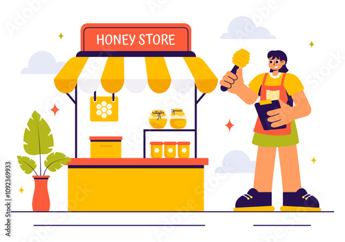 Honey Store Vector Illustration Featuring Natural Products Such as Jars of Honey, Bees, and Honeycombs for Consumption in a Flat Style Background