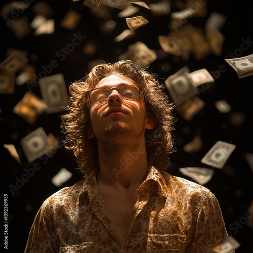 Confident Young Man Surrounded By Falling Dollar Bills photo