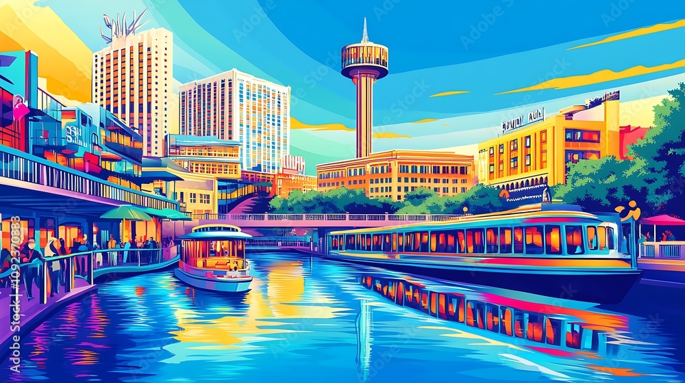 Vibrant San Antonio River Walk with Tower of the Americas and River Boats