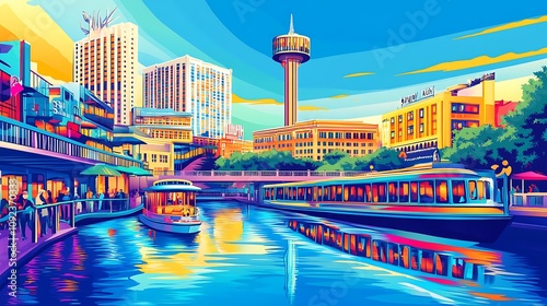 Obraz na płótnie Vibrant San Antonio River Walk with Tower of the Americas and River Boats w salonie
