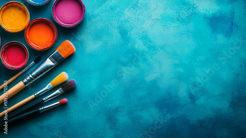 Colorful Paints and Brushes on a Textured Turquoise Background, Ideal for Artistic Projects, Crafting Tutorials, and Creative Inspiration in Art photo