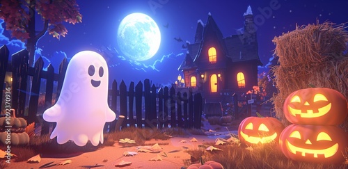 A cute Halloween scene with a friendly ghost, jack-o-lantern pumpkins, a haunted house, and a full moon in a cartoon style, creating a fun and spooky atmosphere.