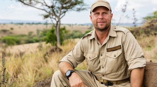 An adventurer or archaeologist sitting on rocks in a desert environment, dressed in expedition gear, including a hat and sunglasses, suggesting exploration and discovery. photo