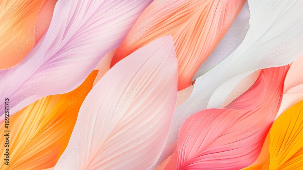 Fototapeta premium A vibrant, abstract arrangement of colorful leaves in shades of blue, orange, pink, and peach, forming a visually appealing pattern that symbolizes the diversity and beauty of nature.