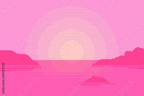 Pink Hue Ocean view with Gradient Sunset, Pixel Art styled Illustration
