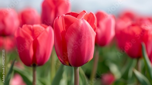 A close-up of vibrant red tulips in full bloom, standing tall in a garden. The image captures the beauty and intensity of spring with vivid colors and fresh green foliage in the background.