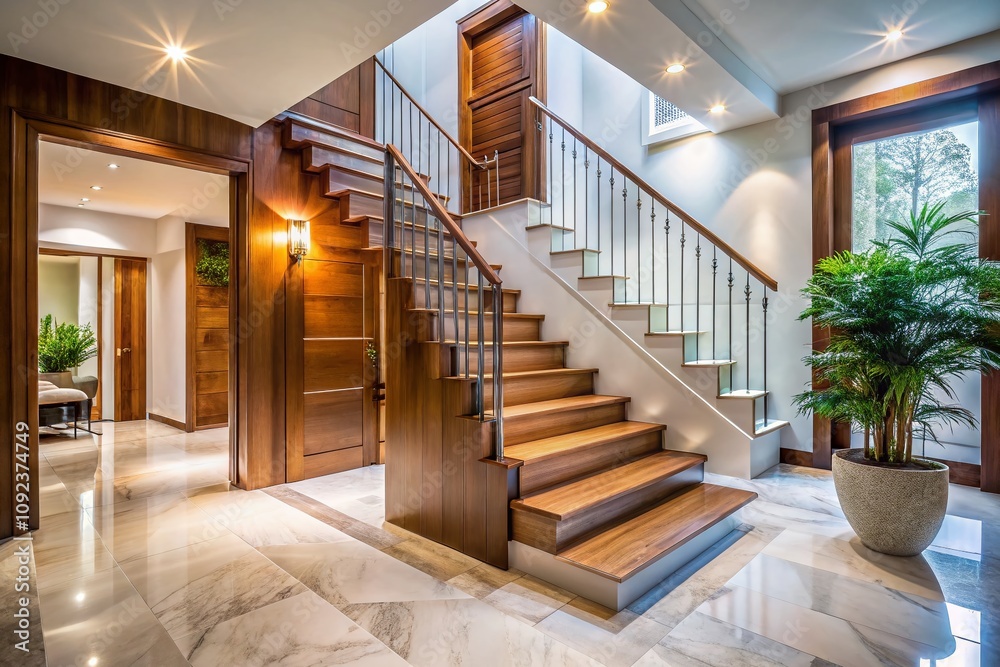 Fototapeta premium Elegant Vintage Style Photography of a Wooden Staircase Leading to a Marble Floor in a Minimalist Modern Entrance Hall Featuring a Stylish Door