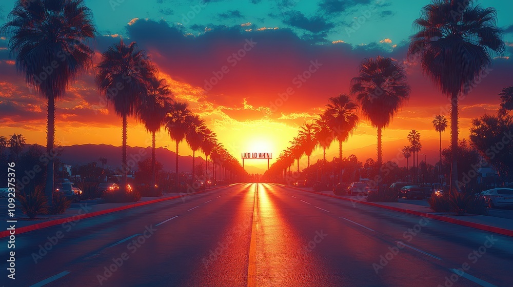 A vibrant sunset over a palm-lined street, showcasing the beauty of urban landscapes.