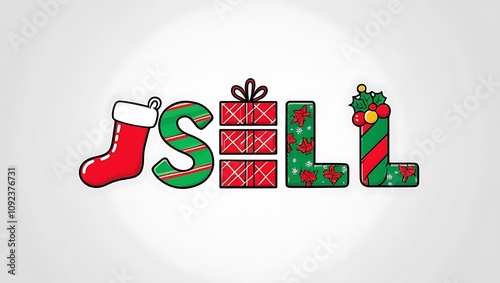 Festive Holiday Theme with Colorful Christmas Elements Illustrating the Word Sell in a Creative and Playful Design Perfect for Seasonal Marketing Campaigns