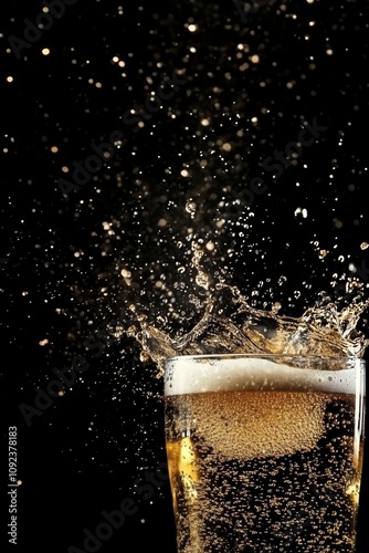 Wallpaper Mural  a glass of cold beer with a backdrop of beer splashing and floating in the air on a black background for a poster Torontodigital.ca