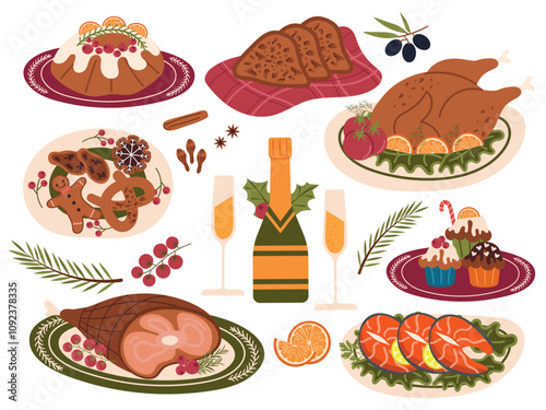 Christmas dishes on the festive table. Traditional food and drinks served during Christmas holidays