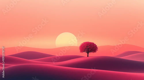 single tree stands on a hilltop in a pinkish-red landscape at sunset photo