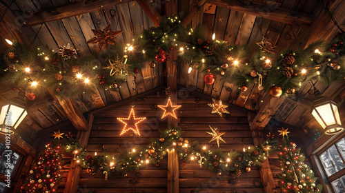 A log cabin ceiling adorned with hanging pine garlands, twinkling lights, and handmade wooden stars, adding a rustic holiday charm.