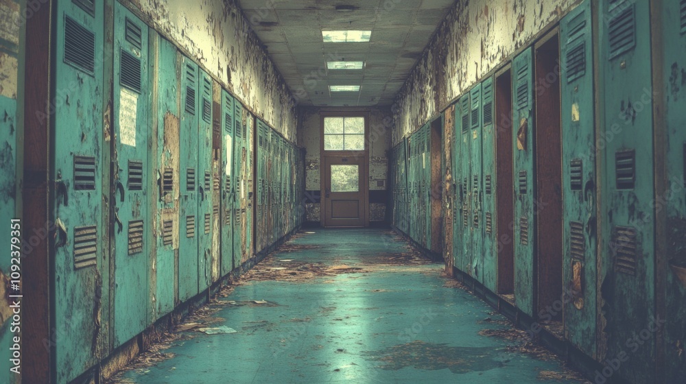 Fototapeta premium dilapidated School hallway scene with lockers, showcasing educational environment and student life. 