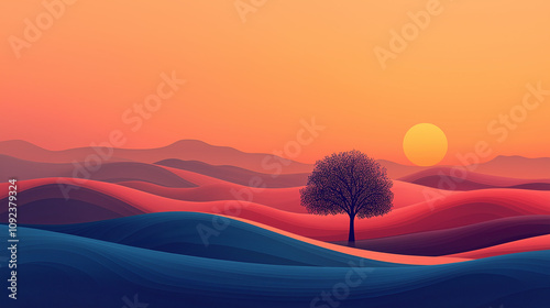 Sunrise or sunset over rolling hills; a single tree stands on a hilltop. Soft, colorful landscape photo