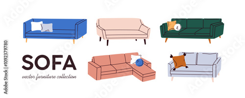 Sofa collection. Couches set, stylish and comfortable furniture designs. Cozy comfy lounge seats with soft cushions for living room interiors. Flat vector illustration isolated on white background