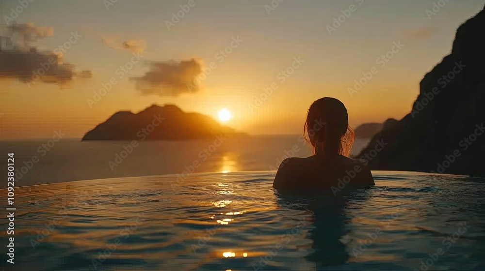Woman Silhouetted in Infinity Pool at Sunset Woman Silhouetted in Infinity Pool at Sunset