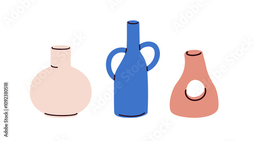 Modern flower vases. Trendy style pottery, empty ceramic pots set. Stylish home interior decor, unique vessel decorations of various shapes. Flat vector illustration isolated on white background photo