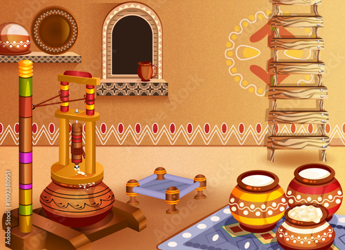 Old Punjabi Mud House Open Hall Setting with Wooden Madhani, Woven Footstool, Makhan & Lassi in Earthen Pots. Desi Rural Lifestyle Vector Illustration 