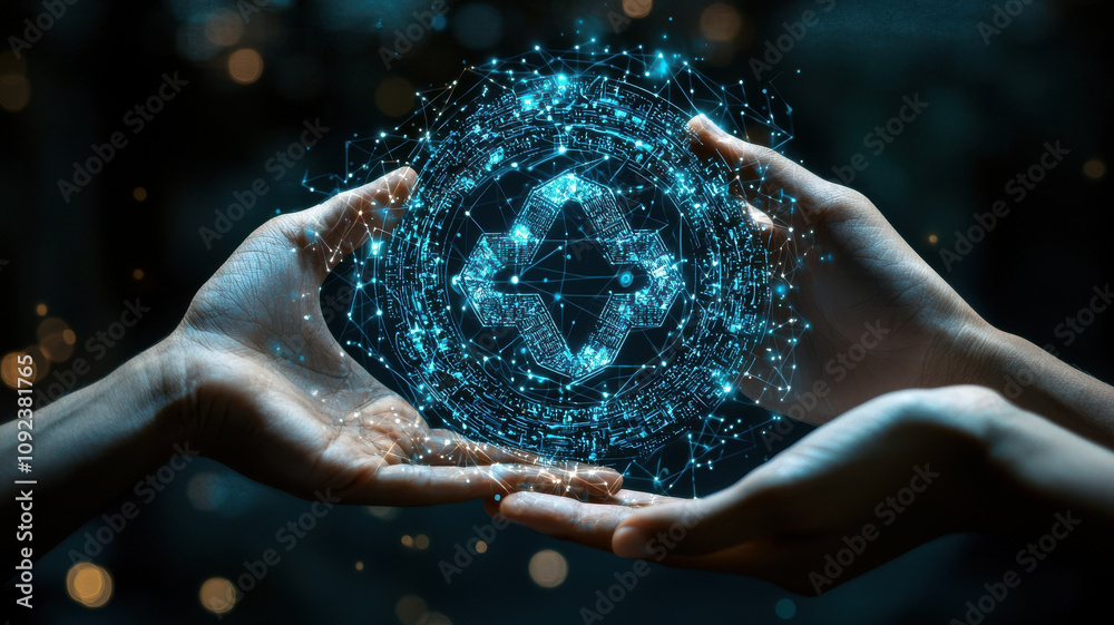 Fototapeta premium Hands holding glowing digital representation of money exchange, symbolizing financial technology and innovation. image conveys sense of connection and modernity