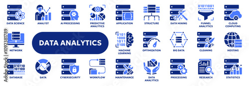 Set of vector solid icons related to data analytics and statistics, big data technology, ai and machine learning. Symbols for website or app ui, logo design, illustration
