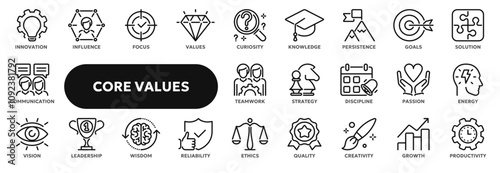 Set of vector line icons related to company core values such as innovation, teamwork, leadership etc. Symbols for website or app ui, logo design, illustration