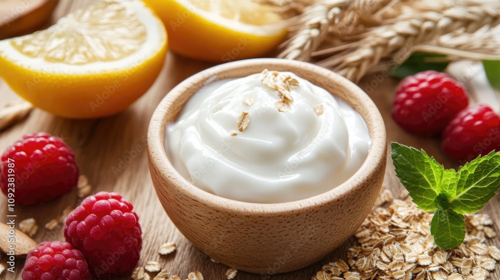 Bran wheat yogurt topped with oats and fresh raspberries, surrounded by lemon slices and wheat stalks on a rustic wooden surface. Bran wheat yogurt topped with oats and fresh raspberries, surrounded by lemon slices and wheat stalks on a rustic wooden surface.