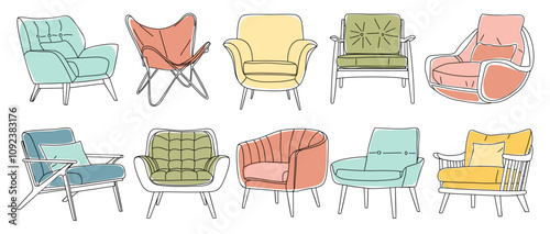 Set of different modern armchairs in trendy scandinavian style. Hand drawn outline sketch of interior design furniture elements. Colored vector illustrations isolated on transparent background.