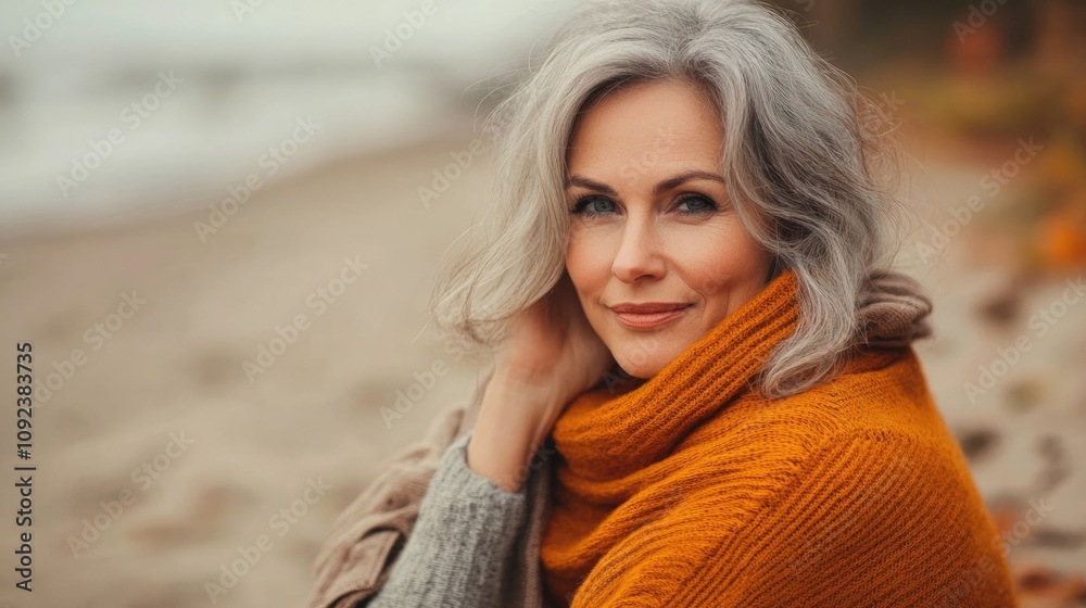 Fototapeta premium Mature woman wrapped in an orange shawl, smiling softly while seated on an autumn beach with a tranquil ocean backdrop.