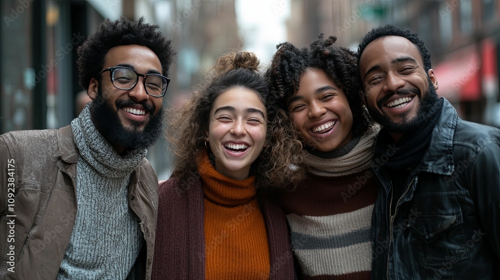Happy Friends Smiling Together On City Street Happy Friends Smiling Together On City Street