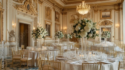 Elegant ballroom wedding reception setup with white floral centerpieces, gold chairs, and ornate decor.