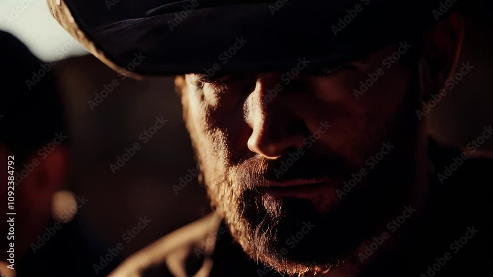 Close-up portrait of a cowboy wearing a hat in a cinematic western setting