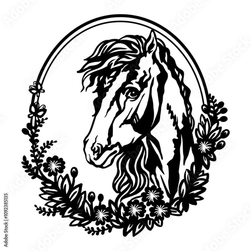Head of horse with flowers and leaves. Vector illustration