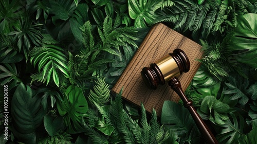 Judge's gavel resting on a wooden block surrounded by vibrant green foliage, symbolizing justice, accountability, and the notion of clemency in law.