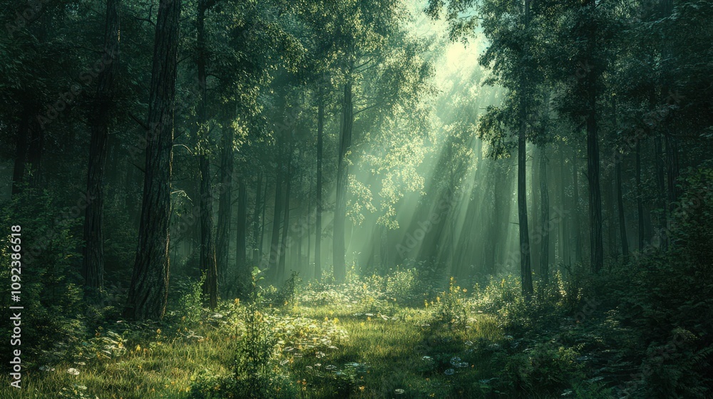 Obraz premium A serene forest scene with sunlight filtering through tall trees, creating a magical and tranquil atmosphere.