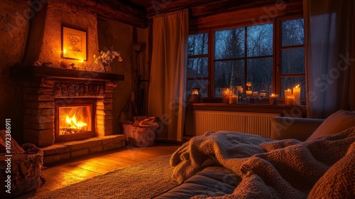 Cozy Cabin Fireplace with Candlelight photo