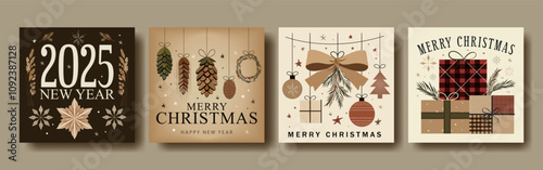 Set of four farmcore Christmas and New Year greeting cards featuring rustic design earthy tones, pinecones, gifts, and festive ornaments. Perfect for countryside holiday celebrations and cozy seasonal