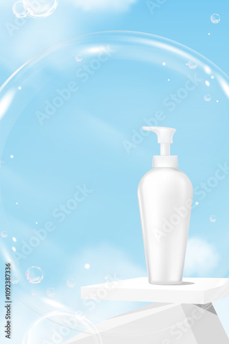 Bubble soap on Podium with Sky Blue, Cloud Background for Beauty,Cream Product Advertise Banner,Blank white tube with foam on 3d stand for product present,Vector template mockup for Spring,Summer