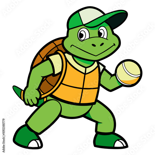 Green Turtle Baseball Mascot Illustration: A friendly green turtle mascot in a baseball uniform, wearing a cap and holding a tennis ball, ready to play.  