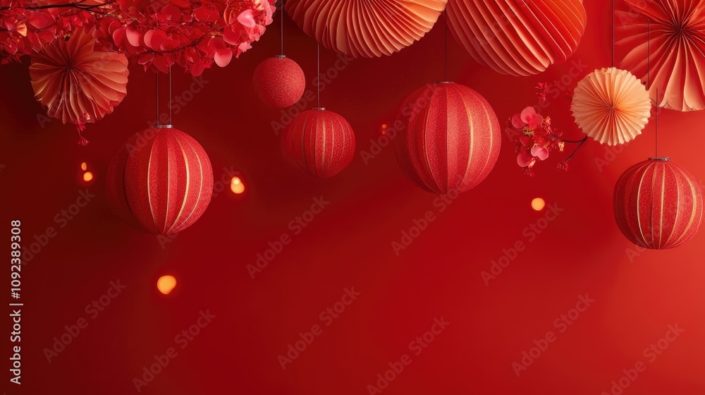 Obraz premium Festive red backdrop featuring hanging paper lanterns and floral decorations for celebratory occasions and events