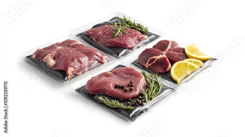 Raw hypoallergenic meat options for dogs and cats featuring kangaroo and ostrich in vacuum-sealed packages with herbs and lemon slices for freshness.
